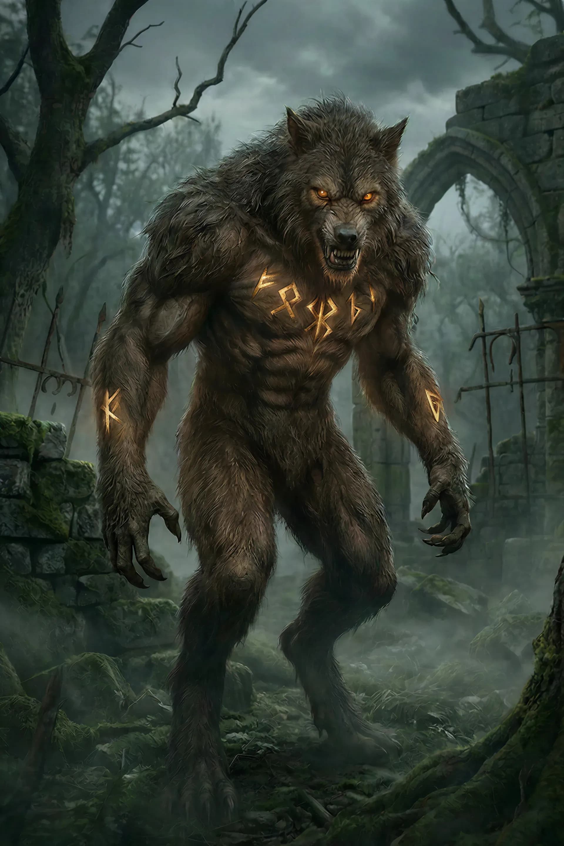 The war-form — cold gold runes wake along chest and arms